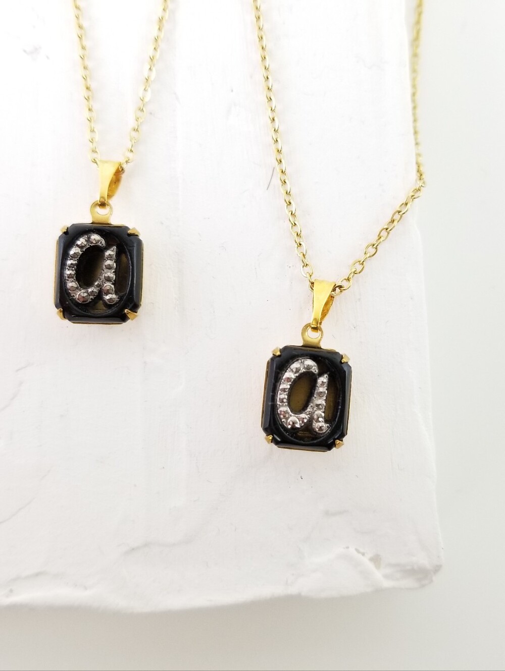 Vintage Victorian Gothic Initial A Pendant Necklace - Black Glass and Marcasite